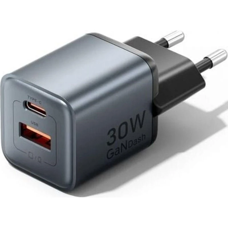 Vention FEWH0-EU GaN 30W Vægoplader, Grå, USB-C + USB-A