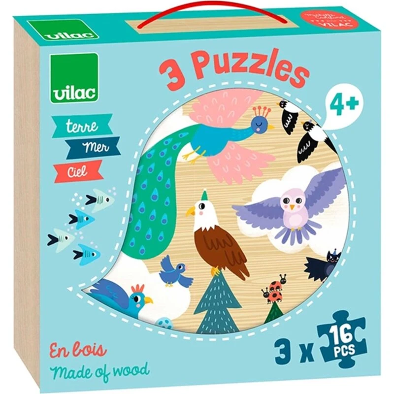 Vilac Puslespil 3x16 brikker – I luften, i vandet og på jorden
