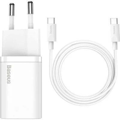 Baseus Super Si PD 25W USB-C Vægoplader med Kabel, Hvid