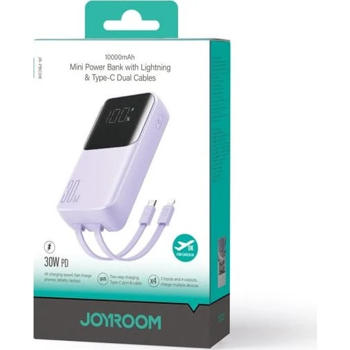Joyroom Powerbank 30W 10000mAh med indbyggede kabler, lilla