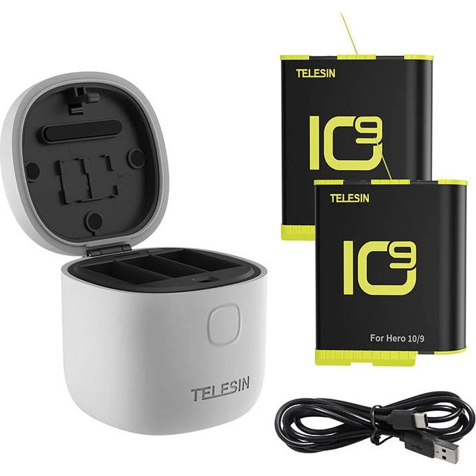 Telesin GP-BTR-905-GY-B Ladestationssæt til GoPro Hero 9/10, 3 Slots, Vandtæt, med 2 Batterier
