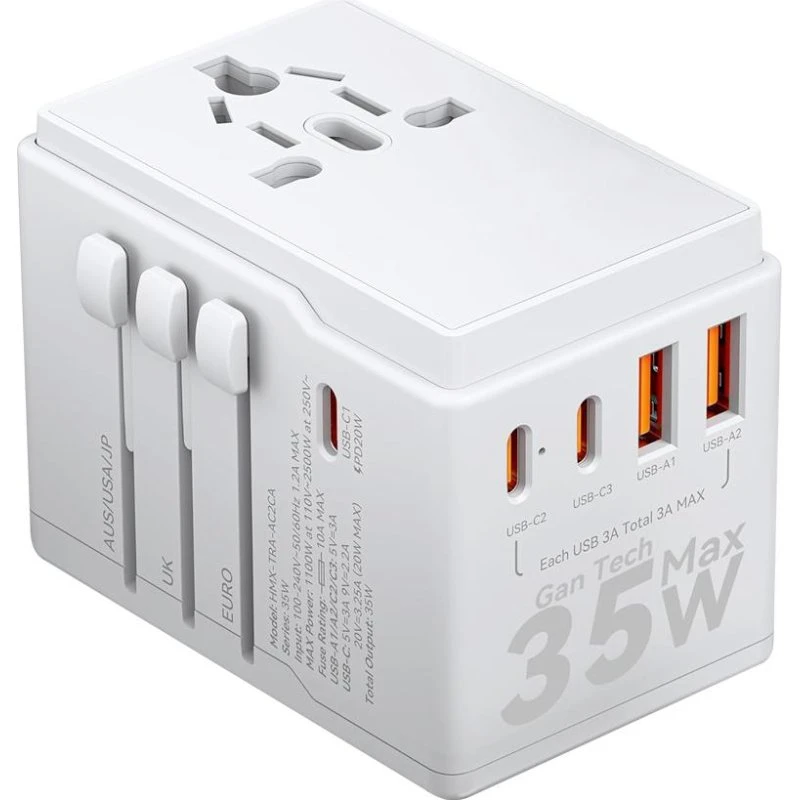Dudao A35Pro GaN Rejseadapter 35W, 3×USB-C + 2×USB-A, Hvid
