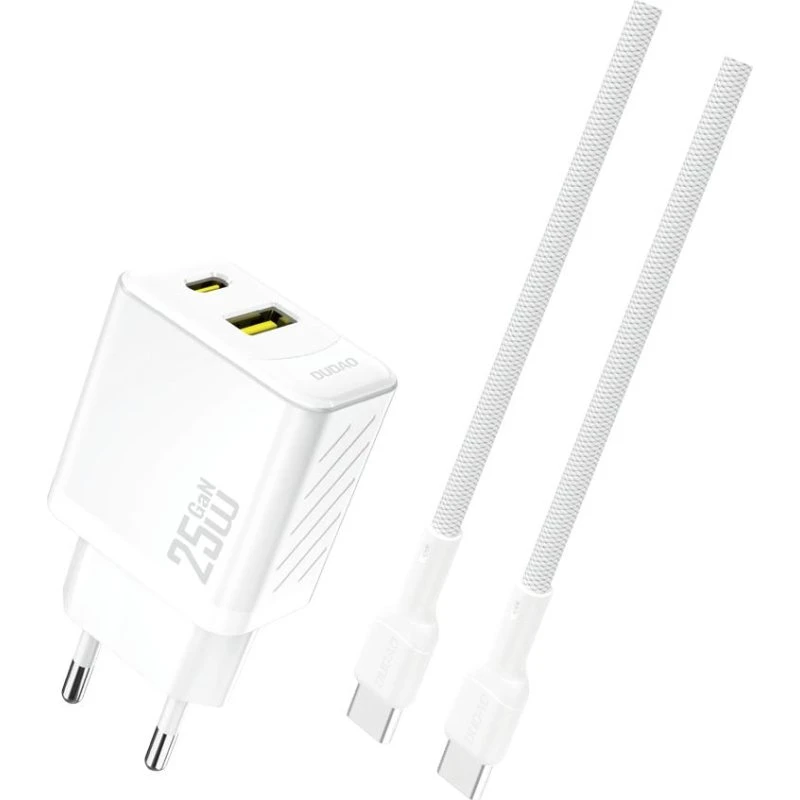 Dudao A26TCEU 25W GaN USB-C/USB-A oplader med kabel, hvid
