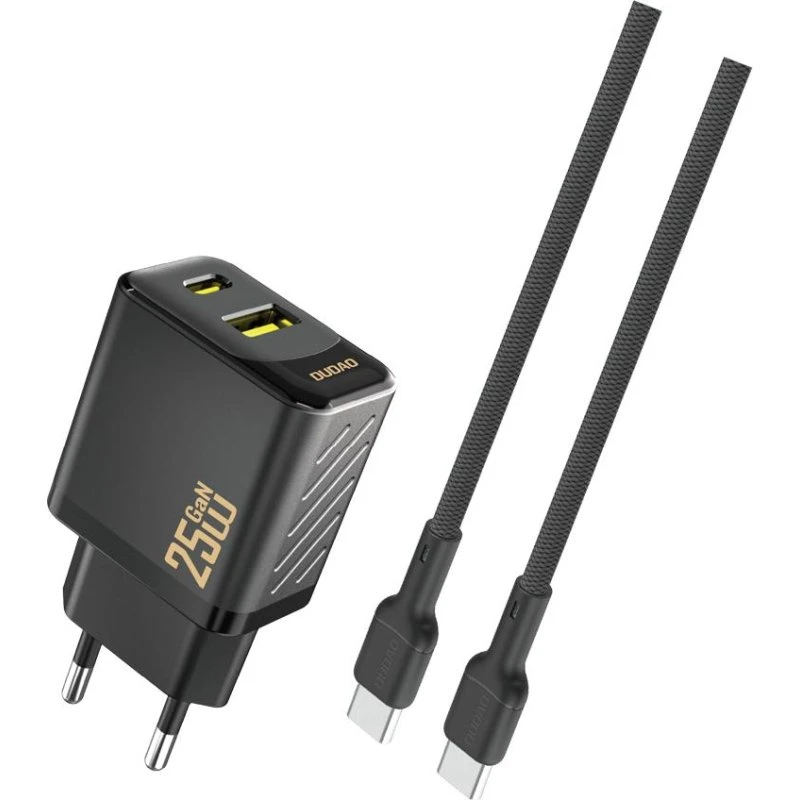 Dudao A26TCEU 25W GaN USB-C/USB-A oplader med kabel, sort