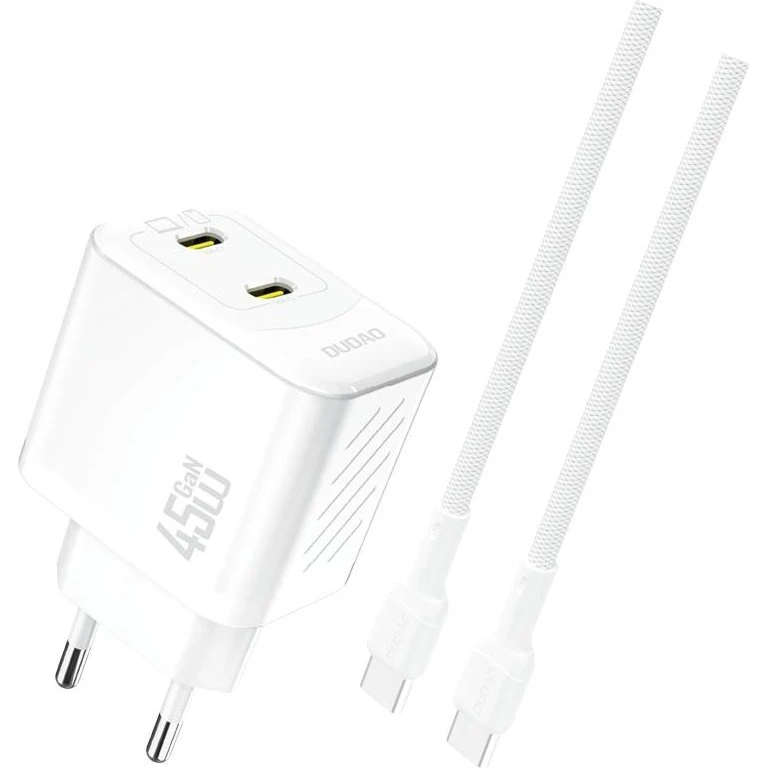 Dudao A28PCEU 45W GaN 2x USB-C Oplader med Kabel, Hvid