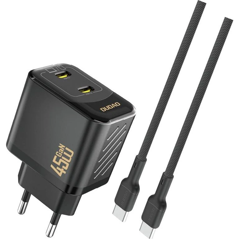 Dudao A28PCEU 45W GaN 2x USB-C Oplader med USB-C Kabel - Sort