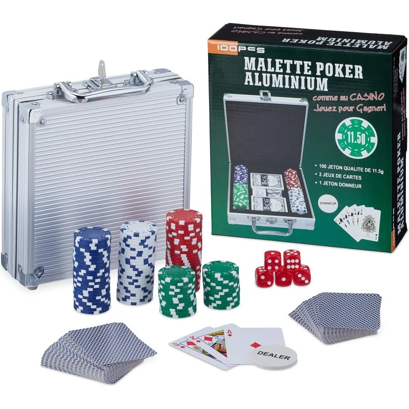 Pokerkasse 100 chips med metalkerne i låsbar aluminiumskuffert