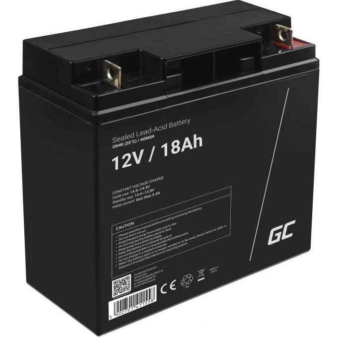 Green Cell AGM09 12 V/18 Ah AGM-batteri, sort