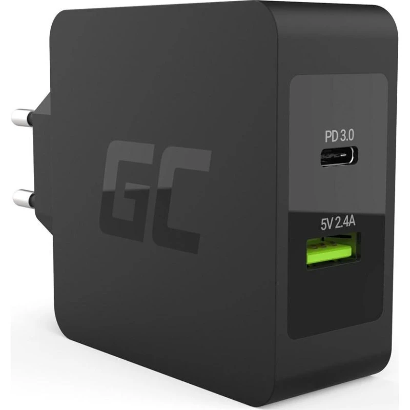 Green Cell USB-C PD 45W + USB 2,4A Vægoplader (sort)