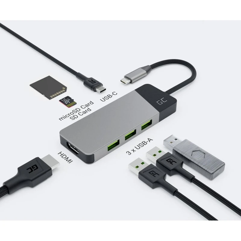 Green Cell Connect 7-in-1 USB-C Hub, sølv, HDMI 4K 60 Hz, 85 W PD