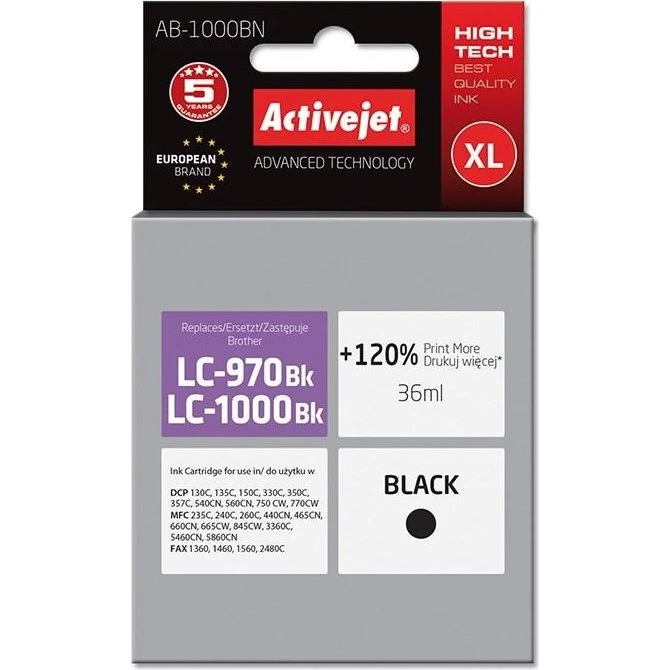 ActiveJet AB-1000BK XL, sort, 35 ml – kompatibel til Brother LC1000BK/LC970BK
