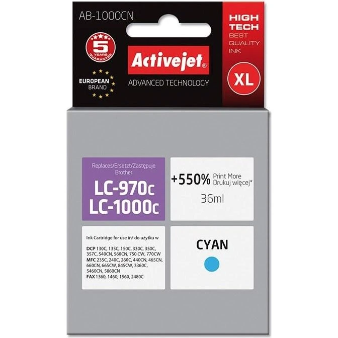 ActiveJet AB-1000CN Cyan XL, 36 ml (kompatibel med Brother LC1000C/LC970C)