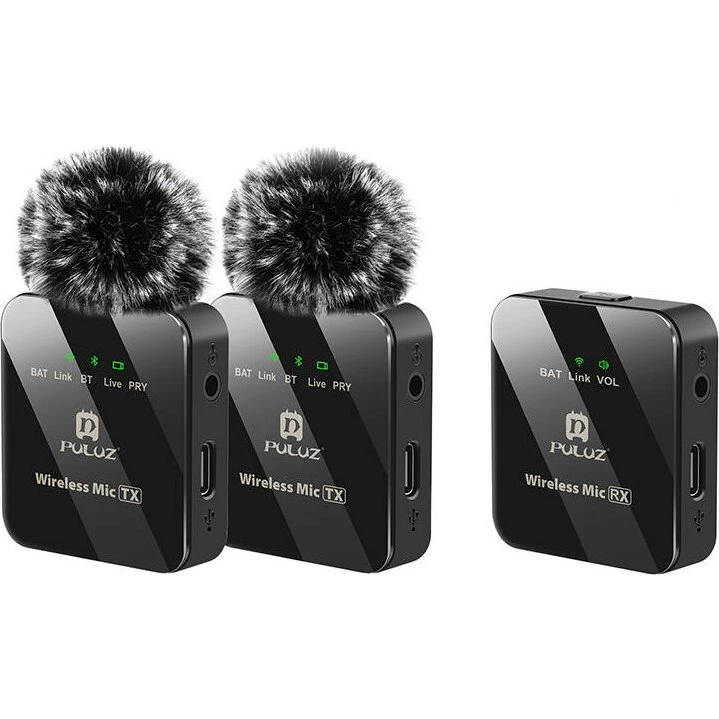 Puluz 2 TX + 1 RX Trådløs Lavalier Mikrofon, Bluetooth, USB-C