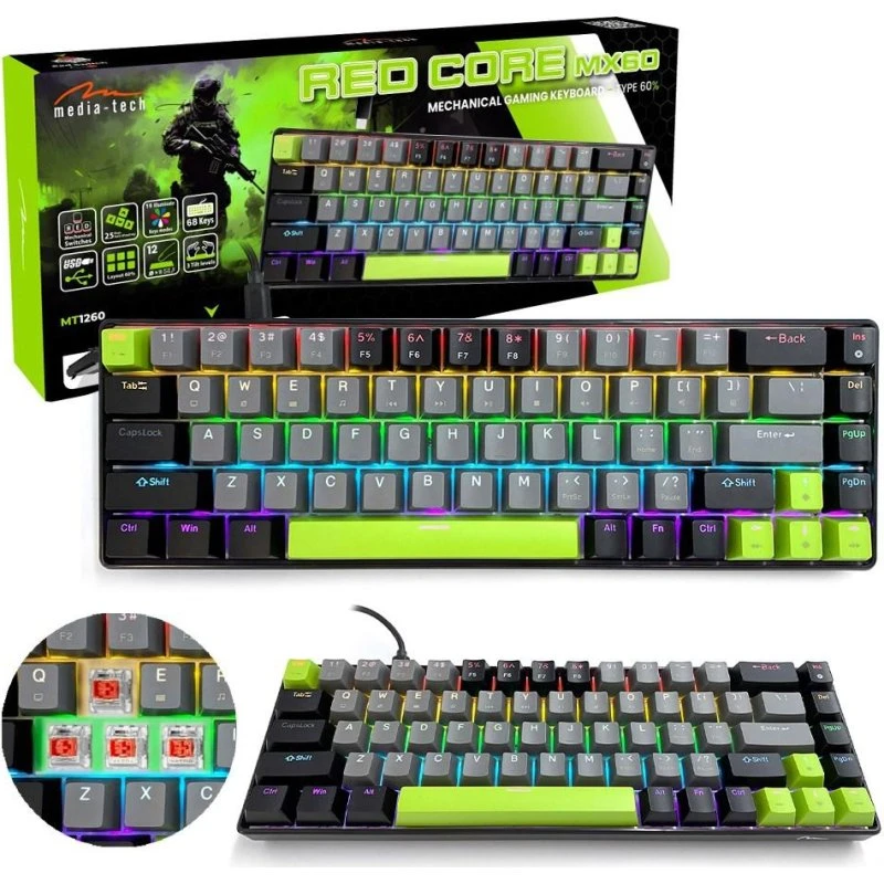Media-Tech Red Core MX60 Mekanisk Gaming Tastatur 60%, USB-C, Sort