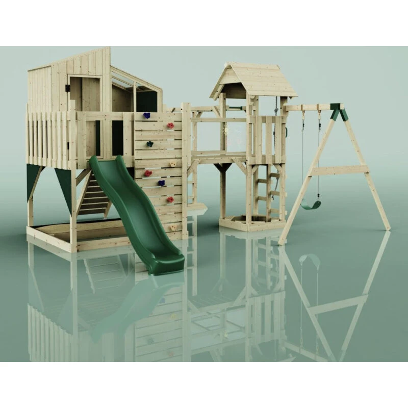PolarPlay Legetårn Liv med gyngemodul og mørkegrøn rutsjebane