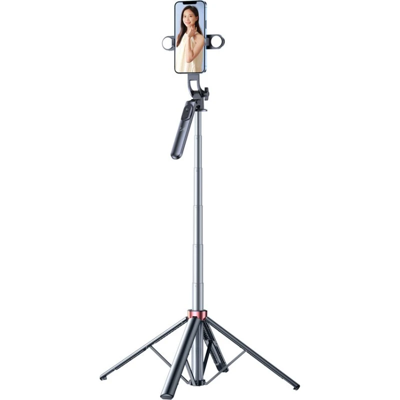 Wozinsky WH181D-Y1S Teleskopisk Selfie Stick 1,75 m med Tripod og Dobbelt Lampe - Sort