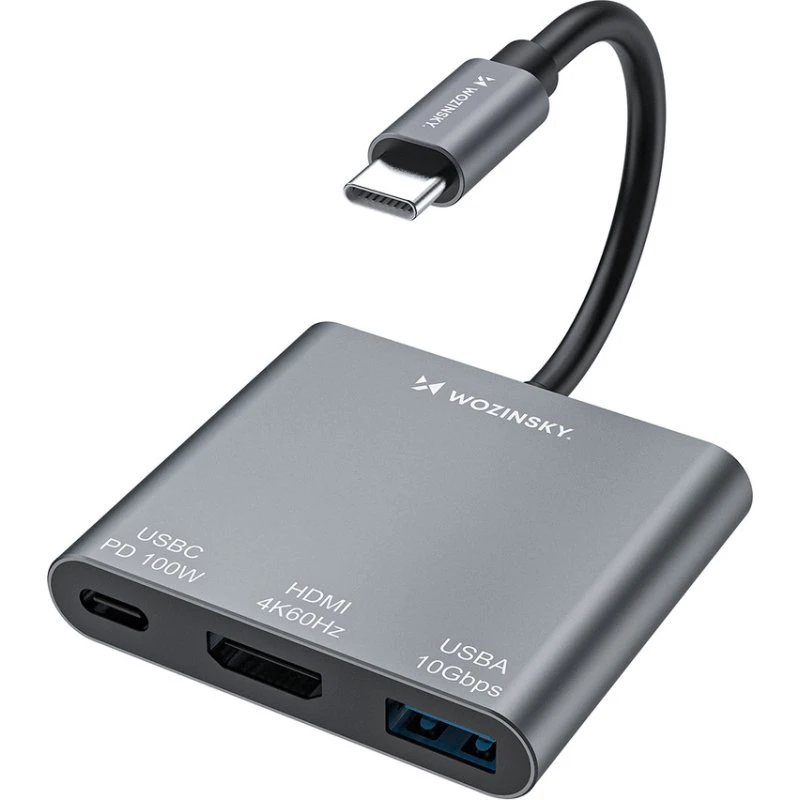 Wozinsky WHCH-01 USB-C 100W PD HDMI 4K@30Hz USB-A 10Gbps Hub - Grå