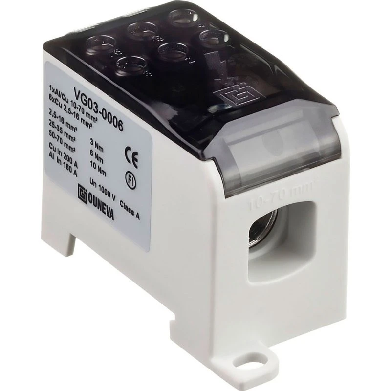 Ouneva OJL Distributionsblok 200A, Al/Cu 10-70 mm² tilgang, Cu 6×(2,5-16) mm² afgang