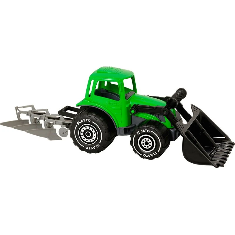Plasto Traktor med Frontlæsser og Plov, 52 cm
