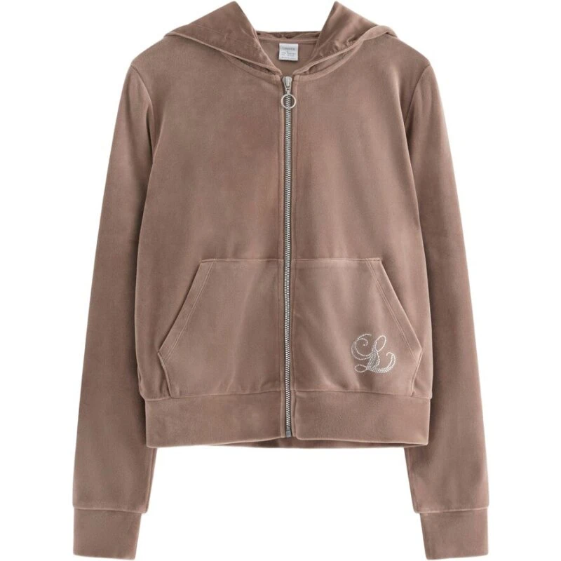 Ikke oplyst Velour-hoodie med kængurulommer og lynlås