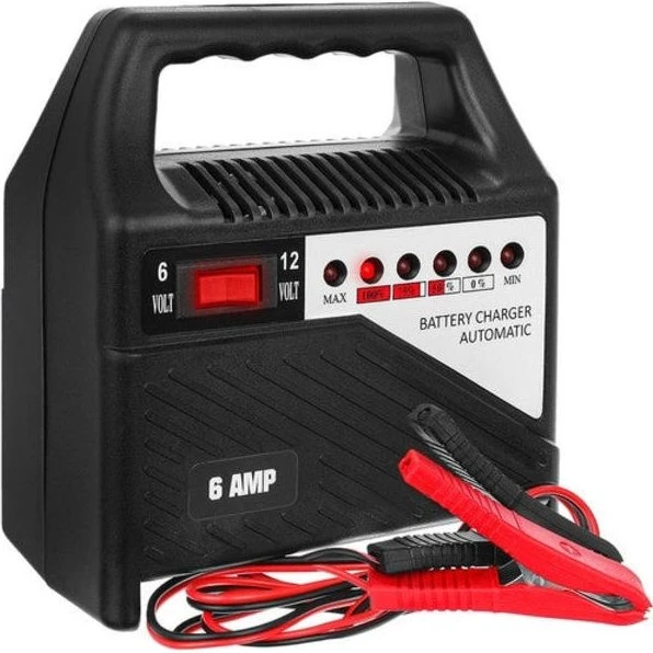 Batterilader 6V/12V 6A, sort, til bil og motorcykel