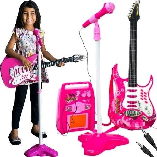 Pink børne-guitar med forstærker og mikrofon