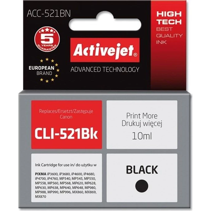 ActiveJet ACC-521BN, sort, 10 ml, kompatibel til Canon CLI-521BK