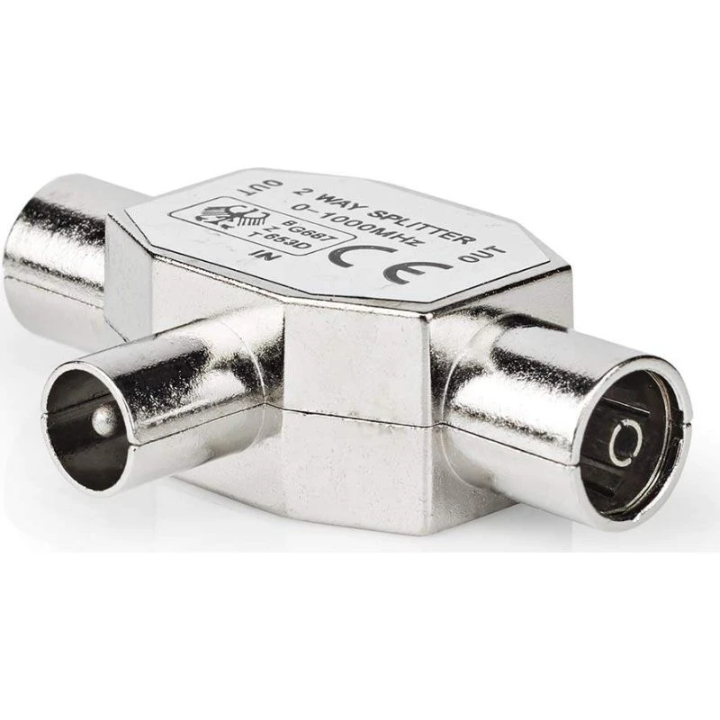Nedis RF T-splitter, sølv, nikkelplateret, 2x Coax hun