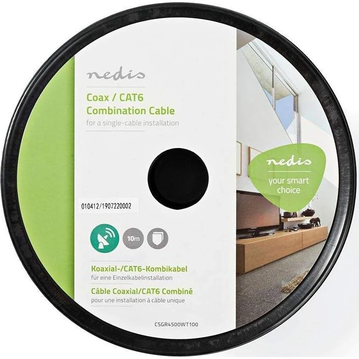 Nedis Coax/CAT6 Kombikabel 10 m, hvid, dobbeltskærmet