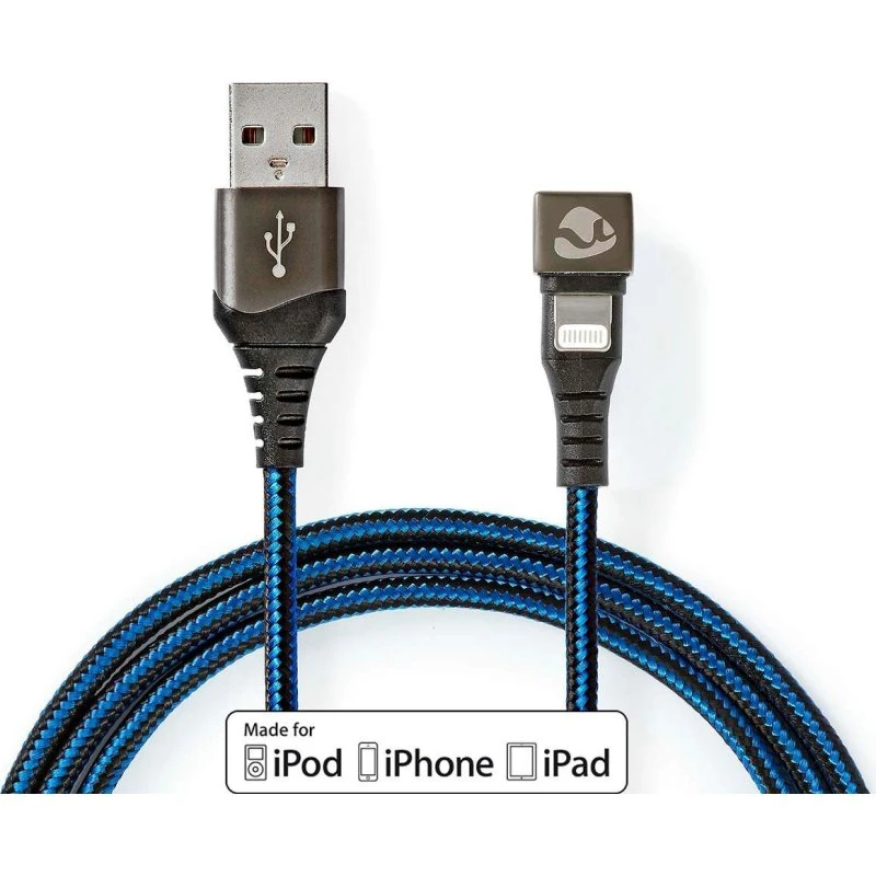 Nedis Lightning USB-kabel 1 m, 12 W, flettet, nikkelplateret, 180° vinklet
