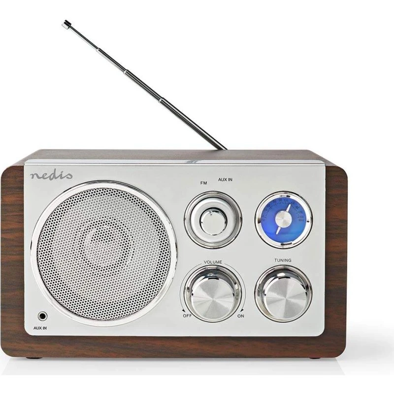 Braun FM-radio med borddesign og strømadapter, brun