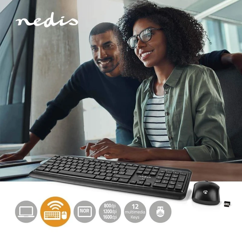 Nedis Trådløst Tastatur og Mus Sæt, QWERTY Nordic, Sort
