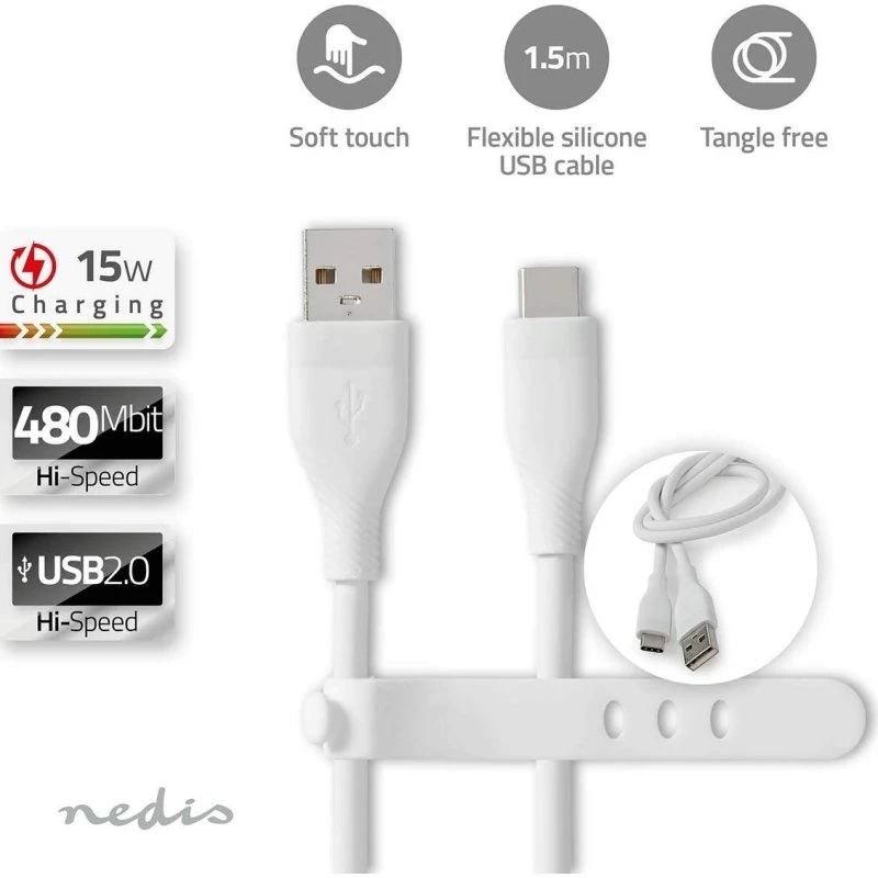 Nedis USB-C til USB-A kabel, 1,5 m, hvid, silikone, 15 W