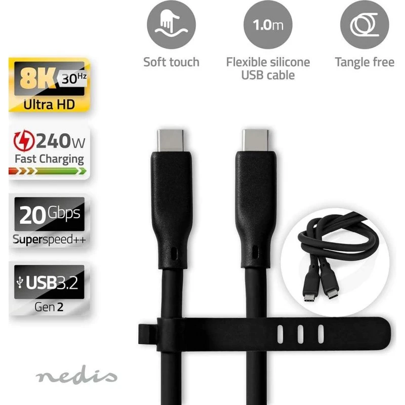 Nedis USB-C USB 3.2 Gen 2 240W 1m silikone, sort