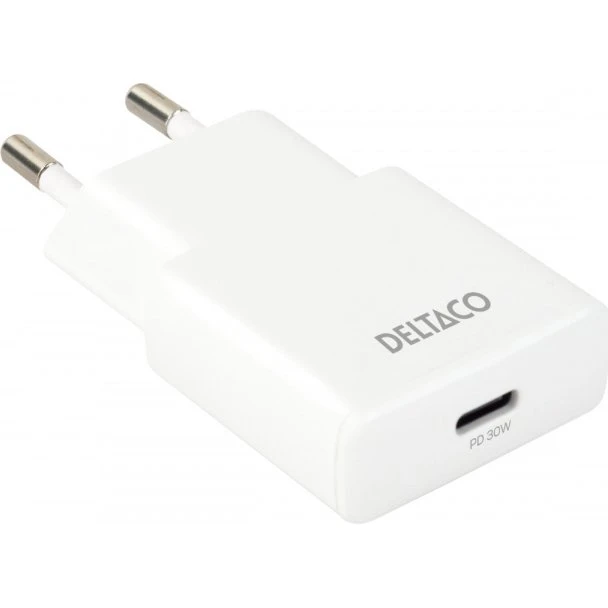Deltaco USB-C 30W PD/PPS Vægadapter, Slim, Hvid