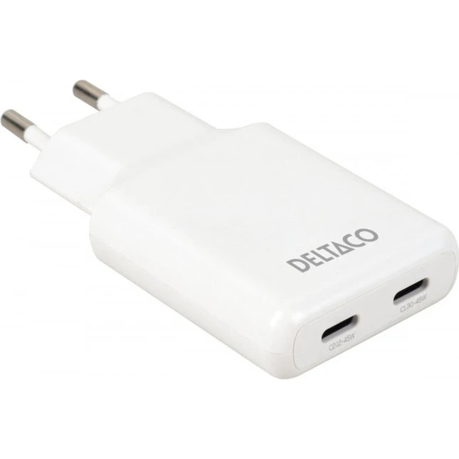 Deltaco USB-C 45W 2x USB-C PD/PPS, slim, hvid