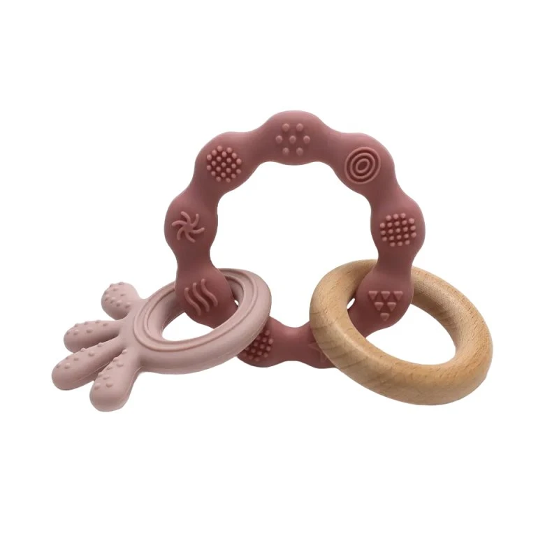 Magni Biderangle i Silikone med Træ og Blæksprutte Vedhæng - Dusty Rose