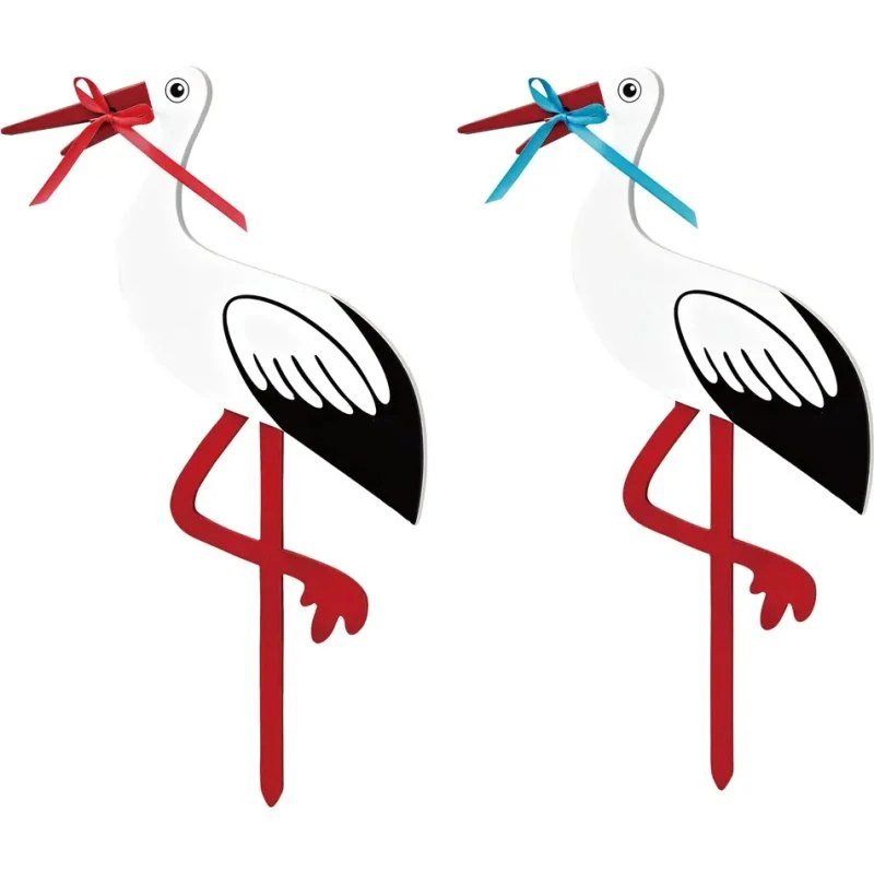 Magni Fødselsstork i Træ, 80 cm, Rød og Blå Sløjfe