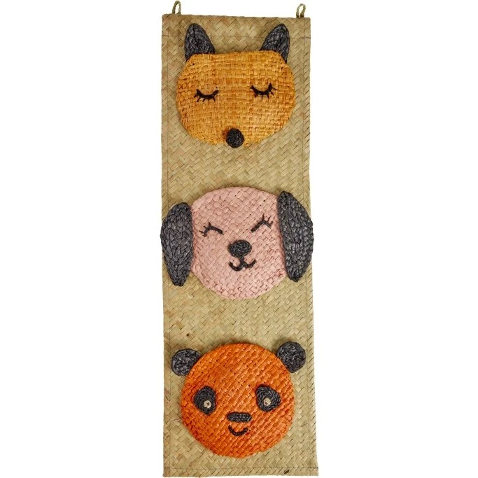 RICE Raffia-vægophæng med dyreansigter – 60 cm x 20 cm