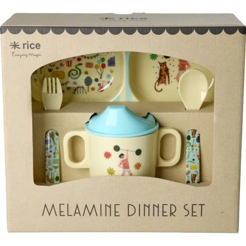 RICE Babyspisesæt Melamin Fun Fair Print - Mint og blå