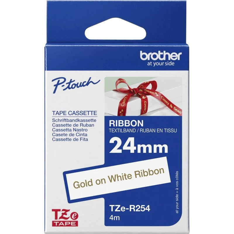 Brother TZe-R254 Guld på Hvid Båndtape (2,4 cm x 4 m)