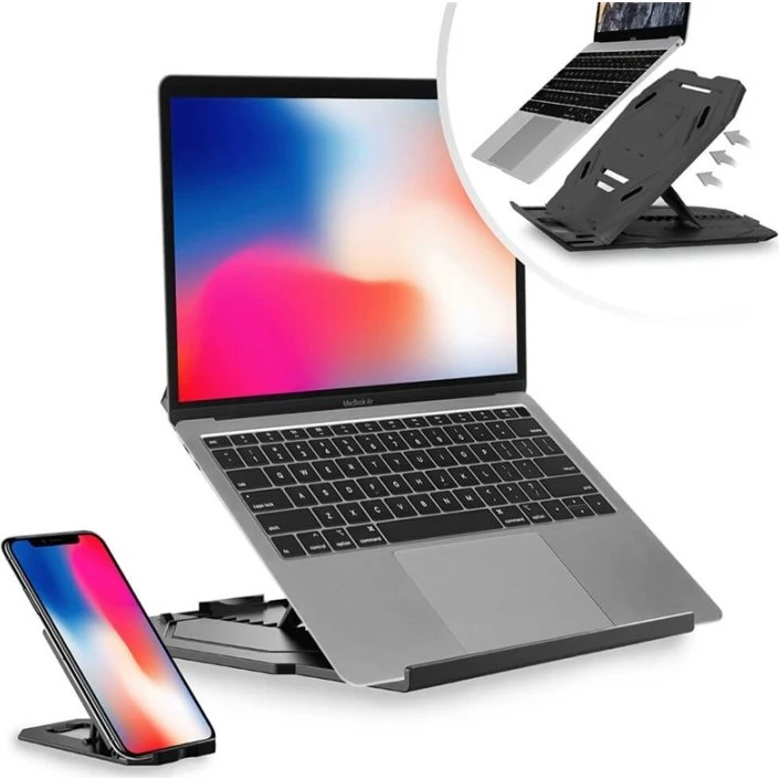 Desire2 2in1 Portabel Laptop Stander Sort 360° Roterbar med Mobilholder