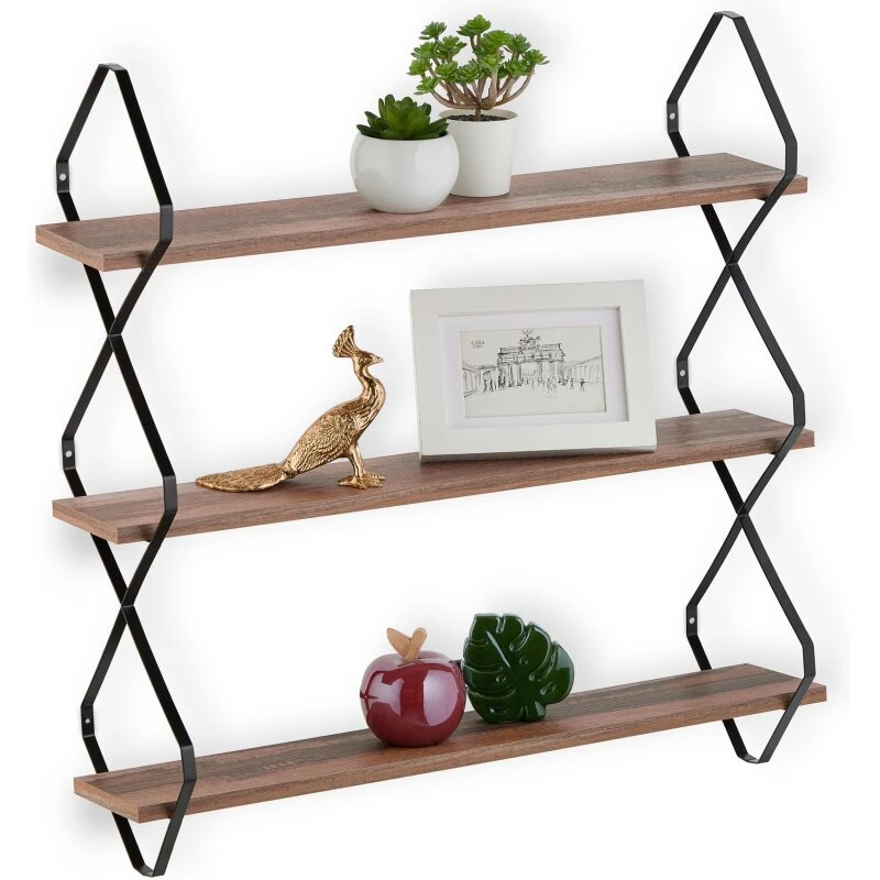 Væghylde med 3 hylder i brunt trælook og sort ramme