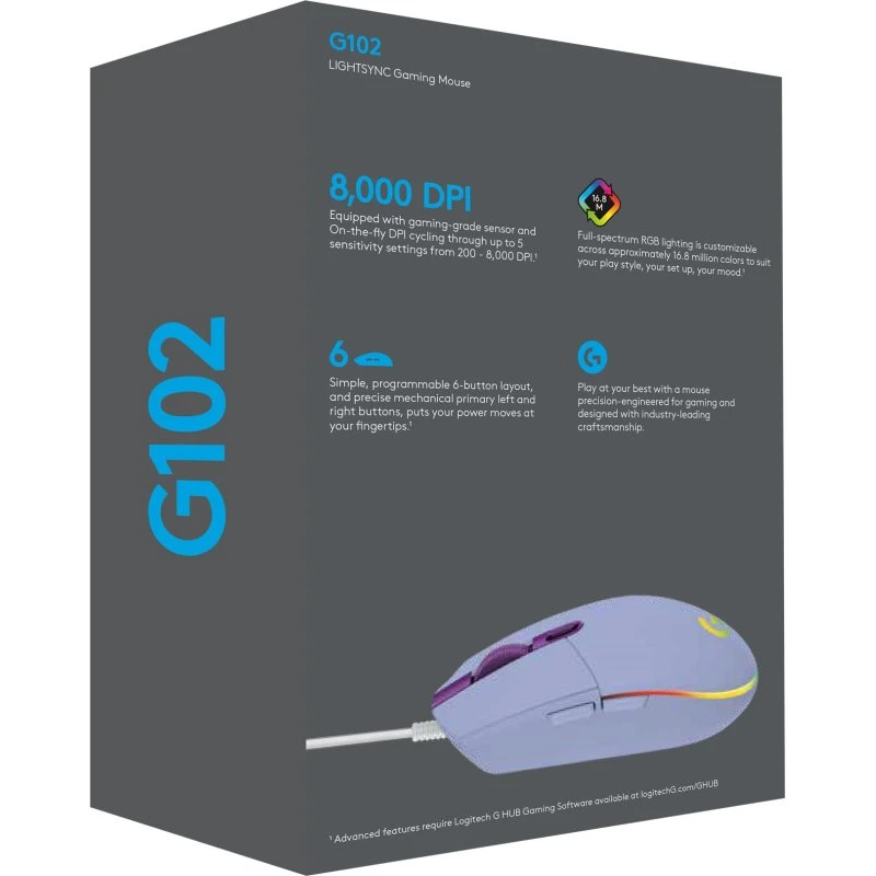 Logitech G102 LIGHTSYNC Gaming Mus Lilla (6 knapper, optisk, kablet)
