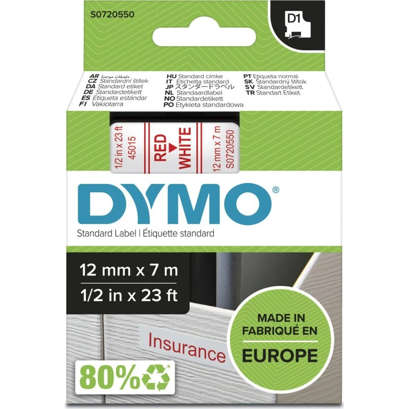 Dymo D1 Rød/Hvid 12mm x 7m Etiketrolle