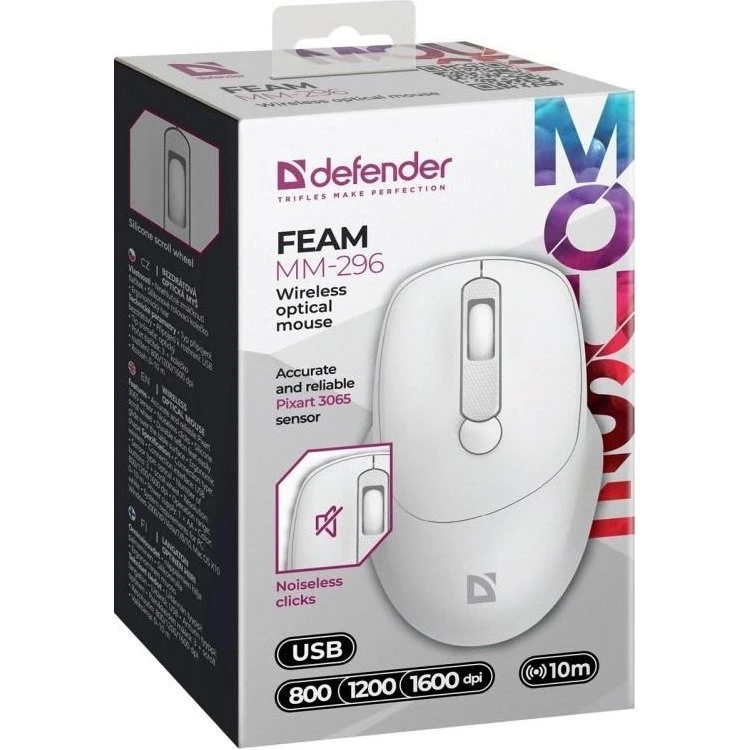 Defender FEAM MM-296 Trådløs Mus Silent, Hvid
