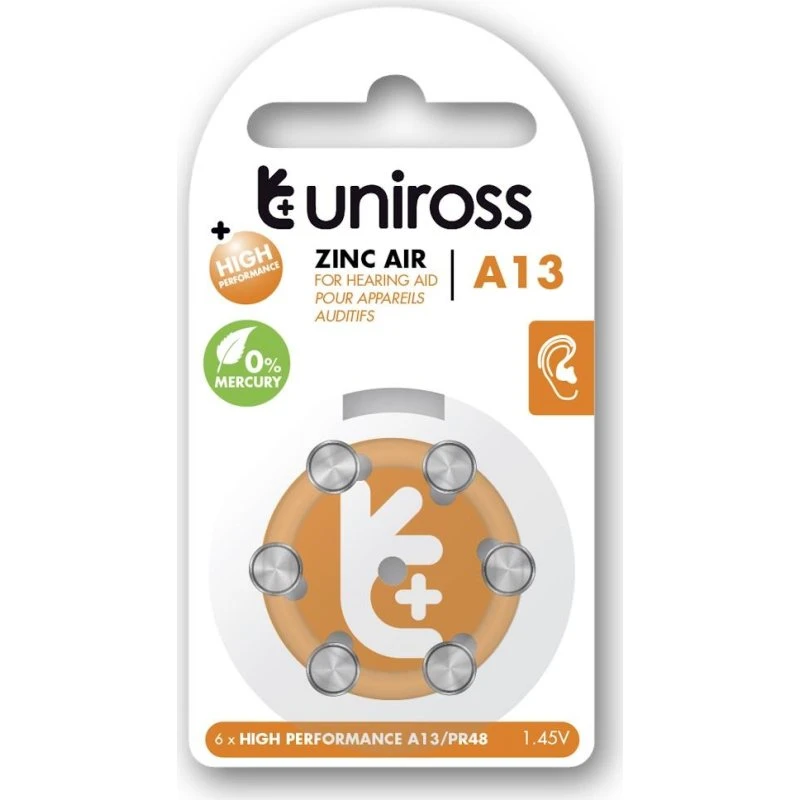 Uniross A13 230 mAh, 6 stk. til høreapparat