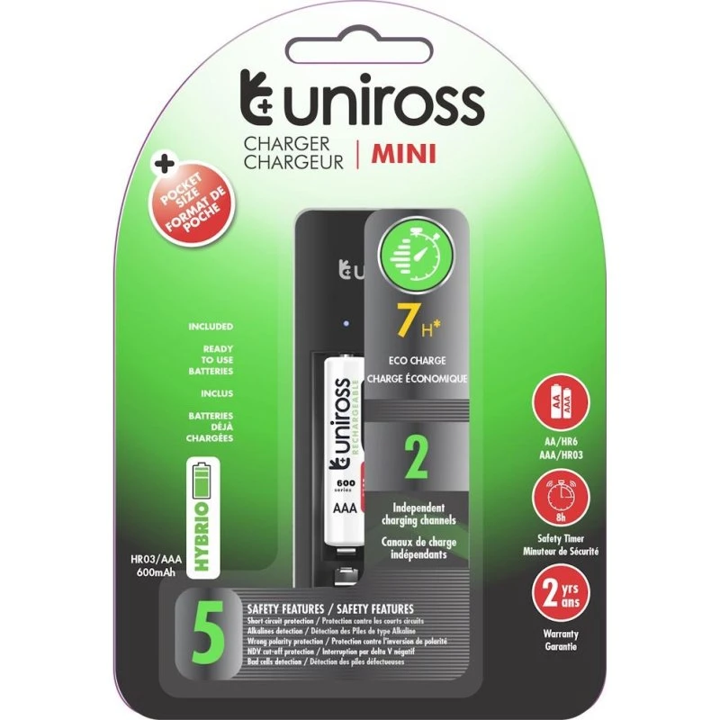 Uniross Mini AA+AAA Batterioplader med 2x AAA 600 mAh