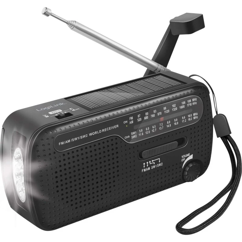 LogiLink Krankradio med Solcelle, Håndsving & Lommelygte - Sort