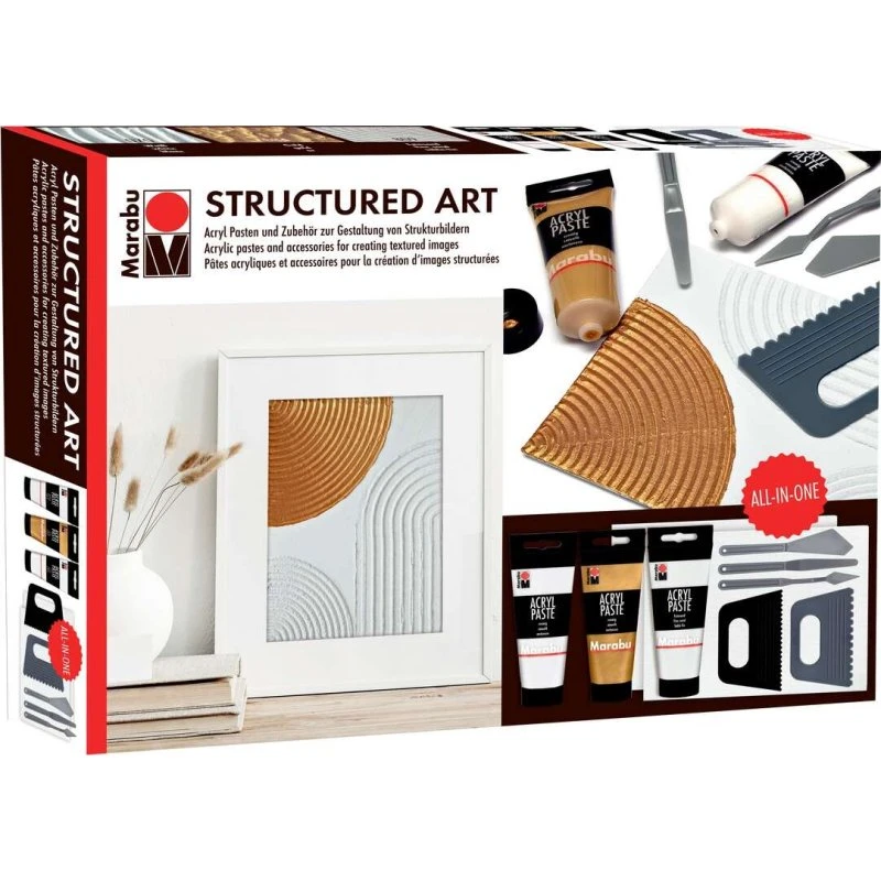 Marabu Strukturpasta Akryl - 3 x 100ml (Hvid, Guld, Feinsand)